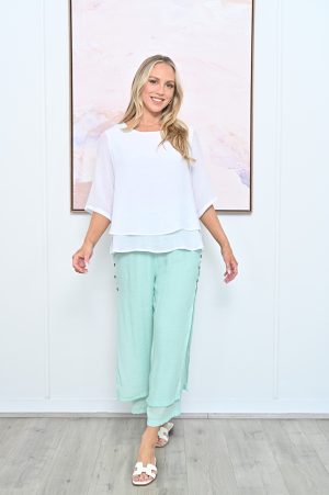 Pants Button Sides Long, Elastic Waist, Sage [sz:10 Col:sage]